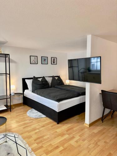 ブレゲンツにあるCharmante Wohnung am Hafenのベッドルーム1室(大型ベッド1台、薄型テレビ付)