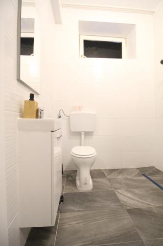 a white bathroom with a toilet and a sink at Comfort Apartment HG in Vienna