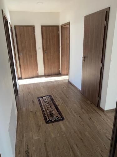 an empty room with wooden doors and a rug on the floor at Apartmán pod Pálavskými vrchy in Pavlov
