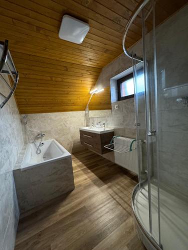 ein Bad mit einem Waschbecken und einer Glasdusche in der Unterkunft Chata Fir in Martin