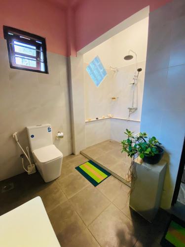 a bathroom with a toilet and a shower in it at Erin Orr Villa in Wadduwa