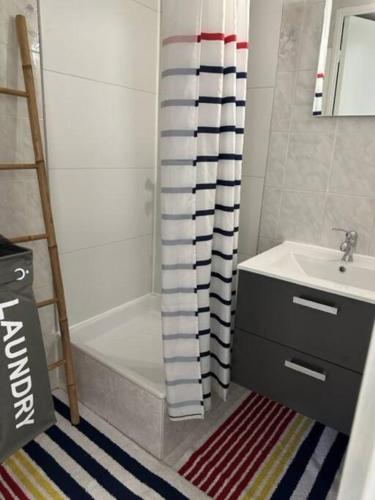 une salle de bain avec un lavabo et un rideau de douche dans l'établissement Marina des quilles magnifiqueT2 avec terrasse, à Sète