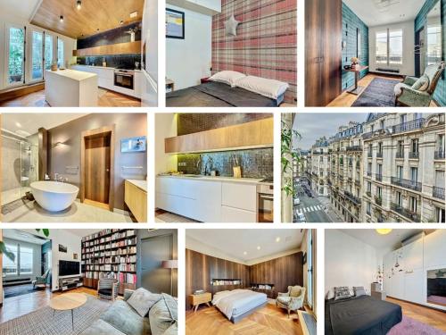 un collage de quatre photos d'un appartement dans l'établissement Anvers, à Paris