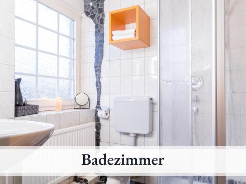 a bathroom with a shower and a toilet and a sink at Blumenvilla 7 mit Küche, Balkon, Sauna und Garten in Schneverdingen