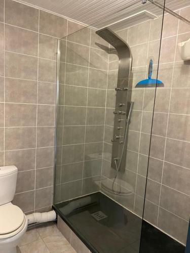 une salle de bain avec une douche en verre et des toilettes dans l'établissement 500m de la plage des Boucholeurs - Maison pour 5, à Barbâtre