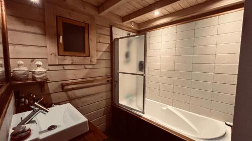 a bathroom with a sink and a shower and a mirror at Maison d'architecte de la Parée in Saint-Jean-de-Monts