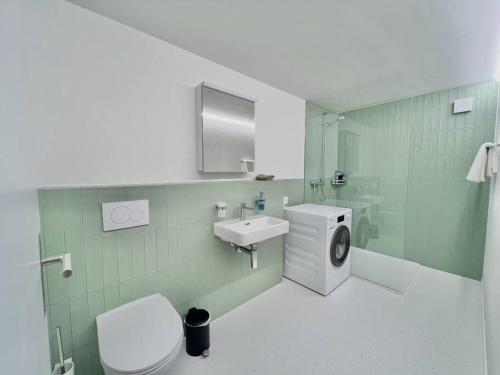 y baño con lavamanos y lavadora. en The R Apartment Roggen, new, Parking, washing machine, en Kestenholz