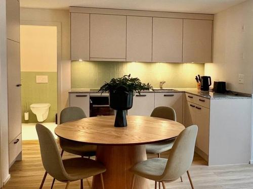 a kitchen with a wooden table and chairs in a kitchen at The R Apartment Roggen, new, Parking, washing machine in Kestenholz