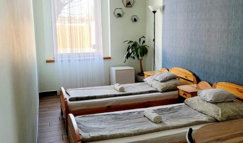 a room with three beds and a potted plant at Megyeház Apartman in Makó