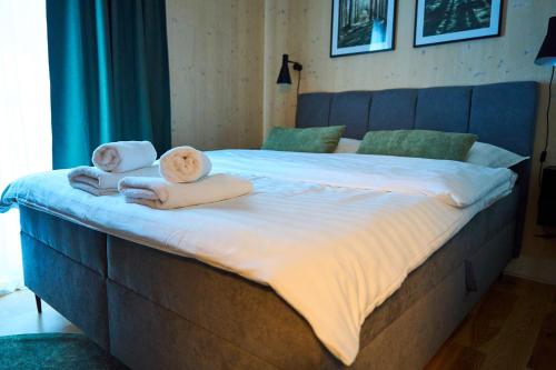 dwa dzieci siedzą na łóżku z ręcznikami w obiekcie 1-bedroom apartment Adam with free parking w Demianowskiej Dolinie