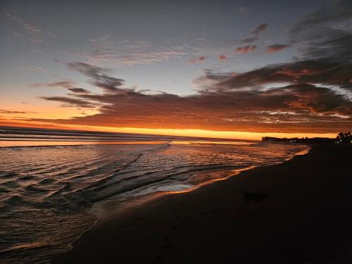 a sunset on the beach with a dog walking on the sand at Sunset Surf Villa in La Libertad