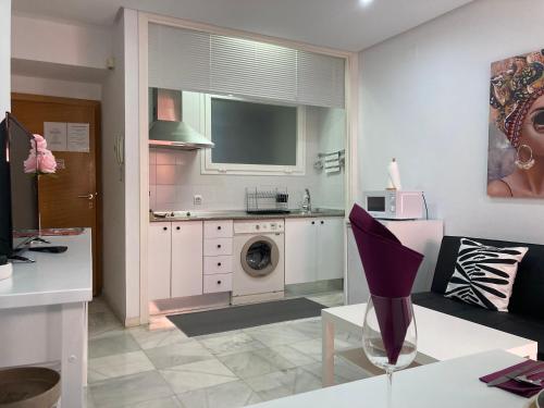 ein Wohnzimmer mit einer Waschmaschine in der Küche in der Unterkunft Jimios Alcázar Catedral in Sevilla