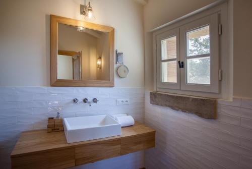 a bathroom with a white sink and a mirror at Villa La Salina in Bibbona