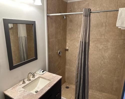 La salle de bains est pourvue d'un lavabo et d'une douche. dans l'établissement Sullivan Inn, à Sullivan