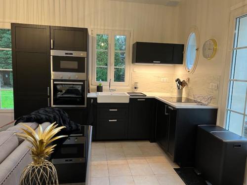 eine Küche mit schwarzen Schränken und einem Waschbecken in der Unterkunft Maison de charme dans un écrin de verdure - Le Vésinet - 15mns de Paris in Le Vésinet
