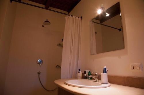 a bathroom with a sink and a mirror at Pietra Pizzuta Country House in Torre deʼ Passeri
