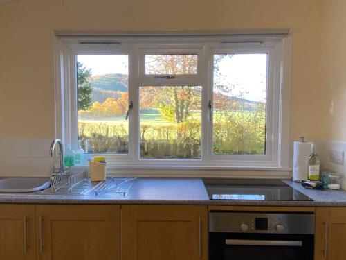cocina con fregadero y ventana con vistas en Burnside Chalet on Reelig Estate Near Inverness, en Kirkhill