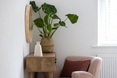 a plant in a vase on a table next to a chair at The Wagon Shed in Sowerby Bridge