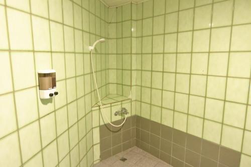 y baño con ducha y pared de azulejos. en Baoshan Hotel en Zhongli