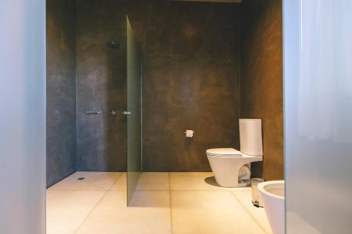 a bathroom with a toilet and a glass shower stall at Rosell Boher Winery Lodge & Spa in Agrelo
