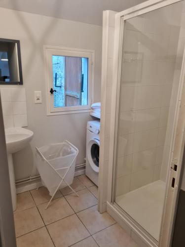 łazienka z prysznicem i pralką w obiekcie La Tour L'évêque gite 3 chambres 5 pers 5 km Soissons w mieście Septmonts