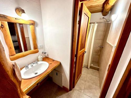 a bathroom with a sink and a mirror and a shower at Enzojo-caviahue in Caviahue