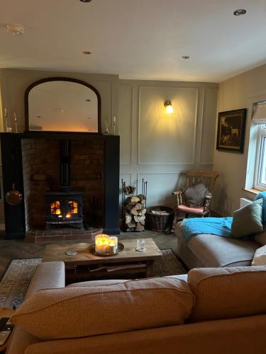 a living room with a couch and a fireplace at Favour Royal Cottage - dog friendly forest escape in Derrygorry