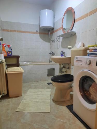 a bathroom with a toilet and a washing machine at Apartment Lamele Bugojno in Bugojno
