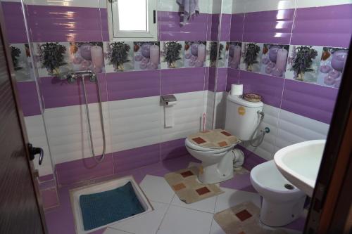 a purple and white bathroom with a toilet and a sink at CHEZ MANAR in Ouarzazate