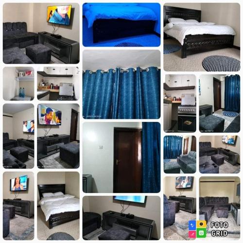 een collage van foto's van een slaapkamer en een woonkamer bij Christie's apartments Buruburu in Nairobi