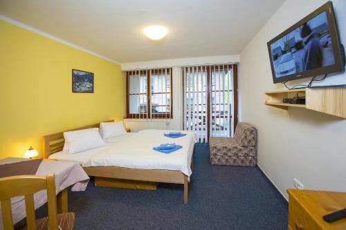 ロキトニツェ・ナト・イゼロウにあるHotel Helenaのベッドとテレビが備わるホテルルームです。