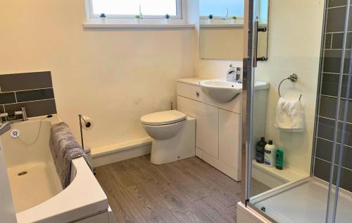 een badkamer met een toilet, een wastafel en een douche bij Shotley Bridge - Stunning 2 bedroom apartment in Consett