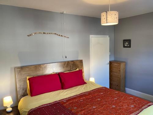 um quarto com uma cama grande e almofadas vermelhas em 3 bedroom Victorian house close to City centre em Exeter