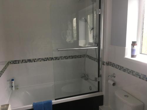 a bathroom with a shower and a bath tub at 3 bedroom Victorian house close to City centre in Exeter