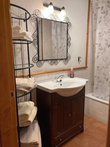 a bathroom with a sink and a mirror and a shower at Apartament Vall in Rialp