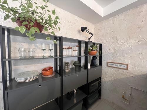 a black cabinet with plates and plants on it at Confortavel apartamento em SP in Sao Paulo