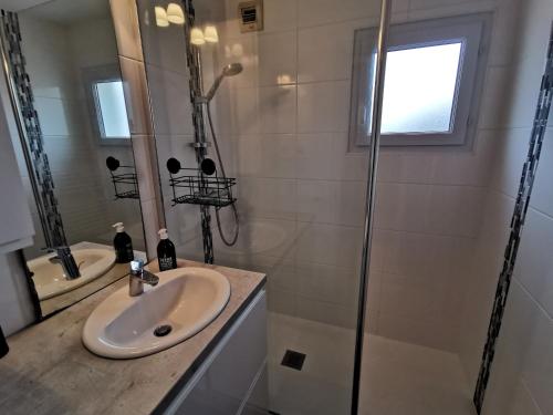 une salle de bain avec un lavabo et une douche dans l'établissement LES DUNES DE BLOSSAC 100m de la plage avec garage, à Les Sables-dʼOlonne