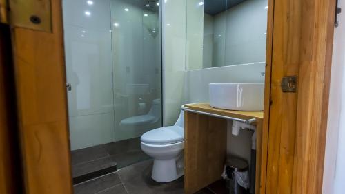 a bathroom with a toilet and a shower and a sink at Hostel Belator Experience in Puerto Natales