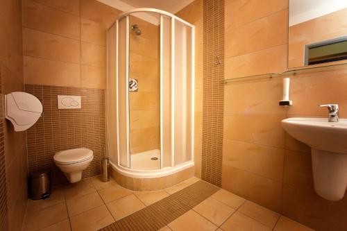 a bathroom with a shower and a toilet and a sink at Penzion ER1 in Zlín