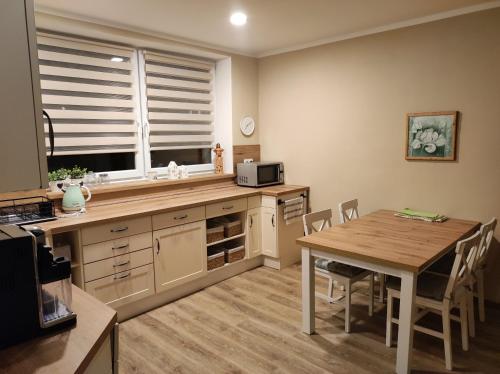 a kitchen with a table and a table and a dining room at Apartmán pro rodinu, kamarády in Bohosudov