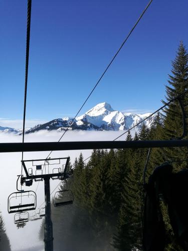 a ski lift with a view of a snow covered mountain at Le Roitelet in Châtel