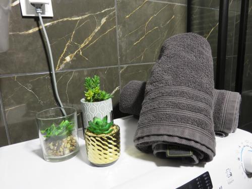 een handdoek en potplanten op een badkamerbar bij Nowoczesny apartament z garażem i balkonem Mokotów in Warschau