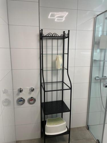 a black shelf in a bathroom with a shower at FeWo Zakharov in Lahr