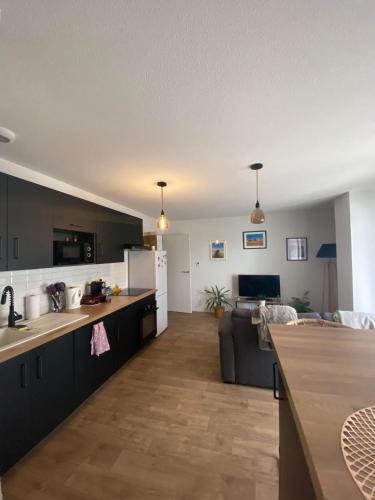Il dispose d'une cuisine ouverte et d'un salon avec un canapé. dans l'établissement Appartement cosy avec Parking bordeaux, à Bordeaux