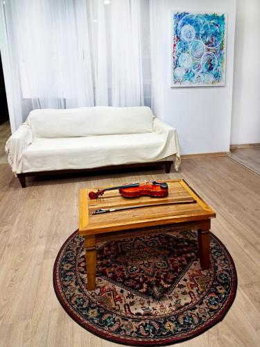 uma sala de estar com uma mesa de centro e um sofá em Galeria Design Art em Florianópolis