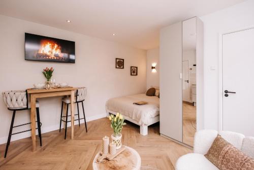 1 dormitorio con 1 cama y escritorio en una habitación en Casa la Vida Beach House, en Zandvoort