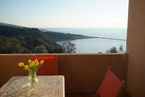 a table with a vase of flowers on a balcony at Apartments Safija in Dobra Voda