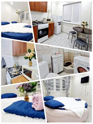 un collage de cuatro fotos de una cocina y una habitación en 1 ком Квартира в центре en Uralsk