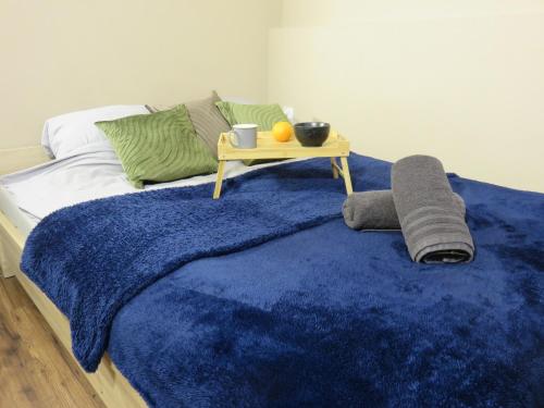 ワルシャワにあるUroczy apartament dla 4 osóbのベッド(青い敷物、テーブル付)