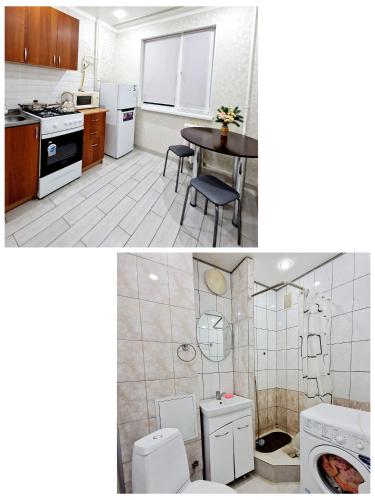two pictures of a kitchen and a bathroom with a table at 1 ком Квартира в центре in Uralsk